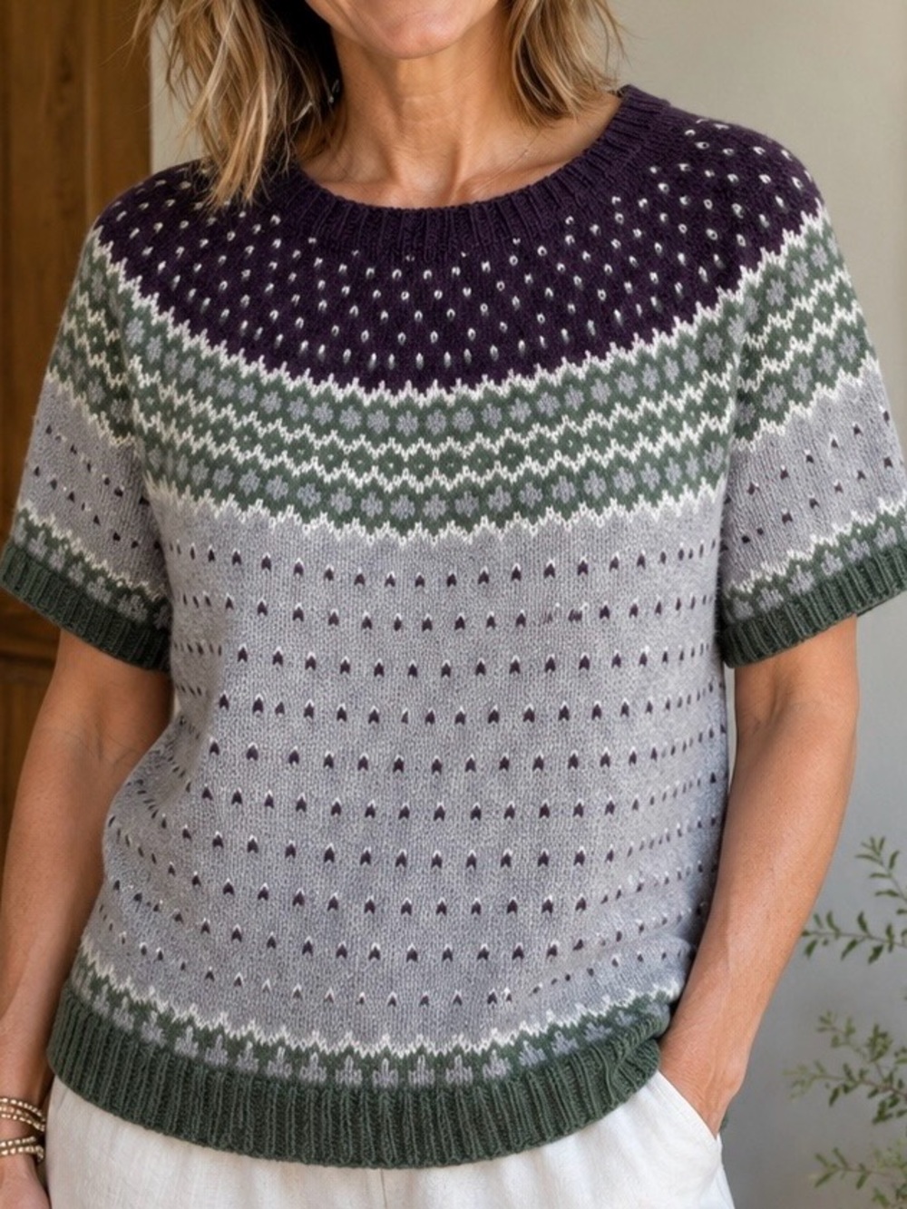 Hand Knit Short Sleeve Fair Isle Knit Sweater - Plum, Sage & Light Gray